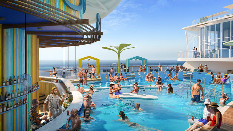 Swim & Tonic in the new Chill Island is Royal Caribbean’s first swim-up bar at sea.